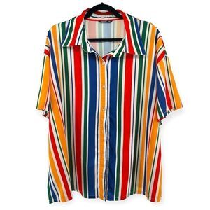 SHEIN Curve Women’s Rainbow Striped Collared Short Sleeve Button Front Top 4XL